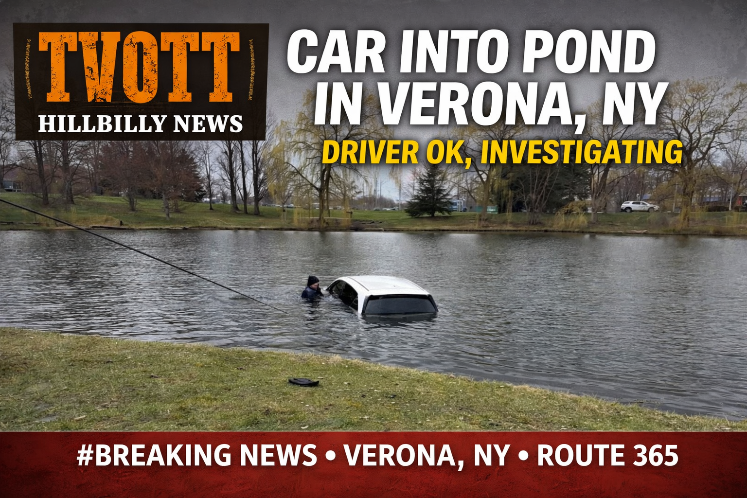 Car Ends Up in Verona Pond — Driver Walks Away, But Questions Still Floating