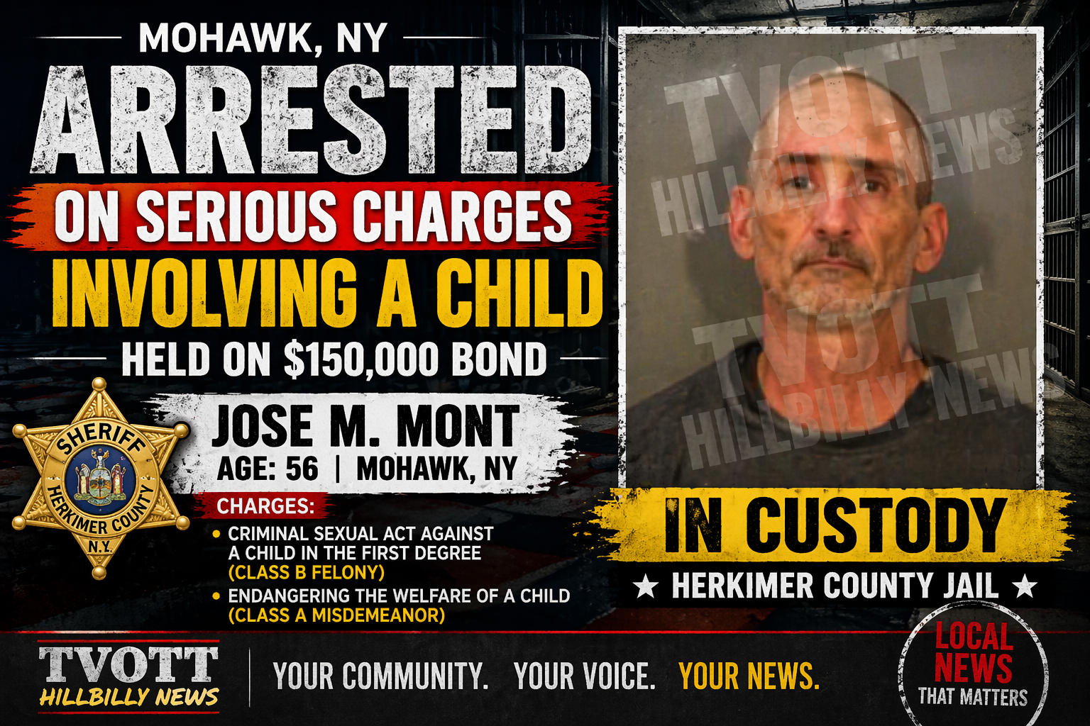 Mohawk Man Arrested on Serious Charges Involving a Child, Held on $150K Bond in Herkimer County