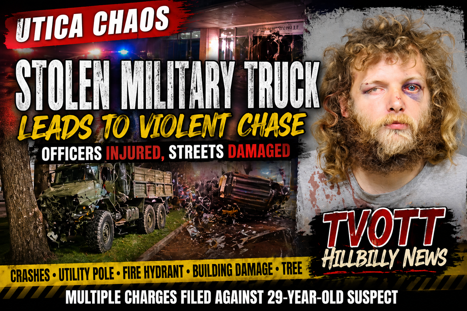 Stolen Military-Style Truck Leads to Violent Chase Through Utica — Officers Injured, Streets Damaged